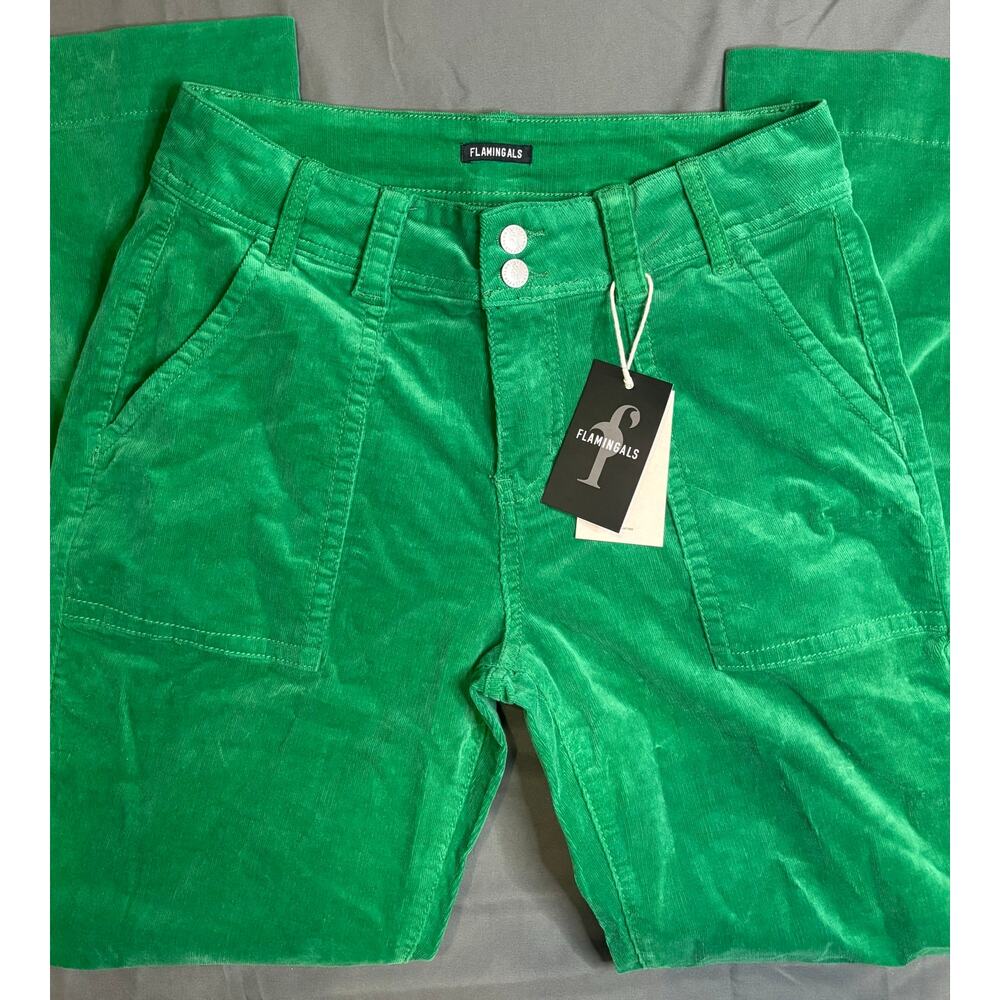 Flamingals Women’s Large Green Corduroy Pants Straight Wide Leg Cotton NWT - Picture 2 of 5